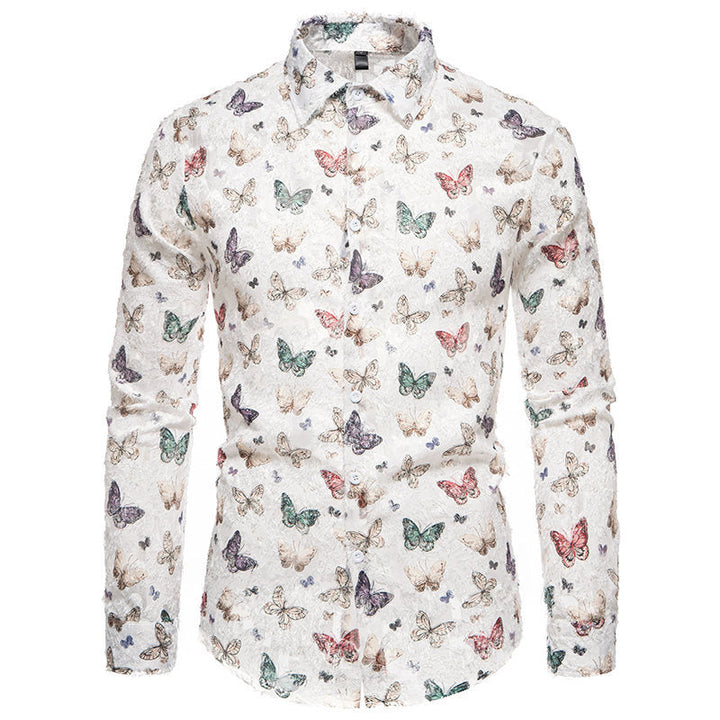 Men's stylish long sleeve top with an eye-catching butterfly pattern, great for casual or smart casual outfits.