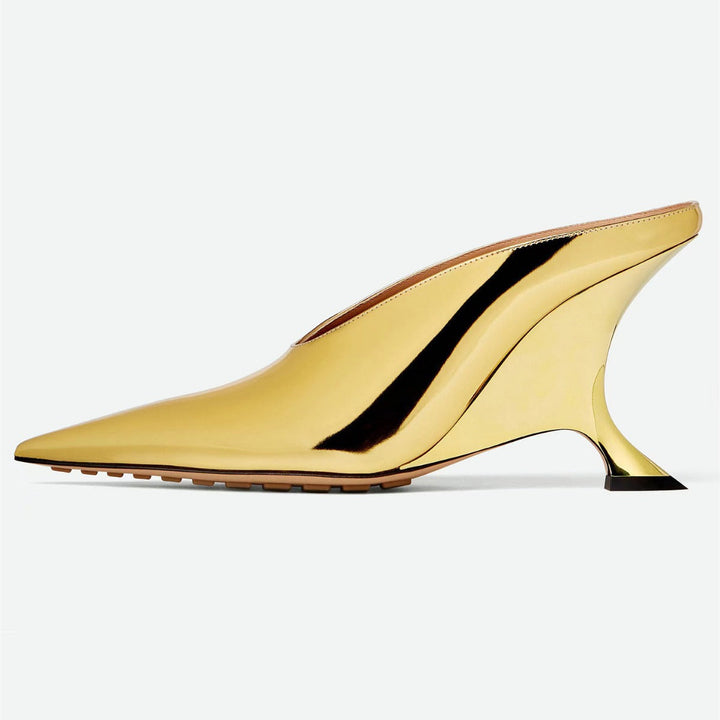 Stylish women's metallic pointed toe slip-on mules featuring a chic wedge and sculpted architectural heel.
