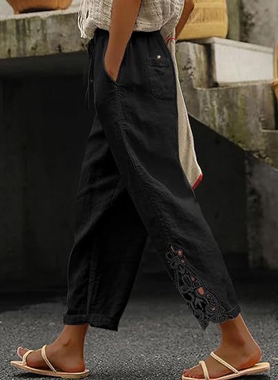 Comfortable loose-fit women's embroidered pants with drawstring waist, ideal for summer casual wear.