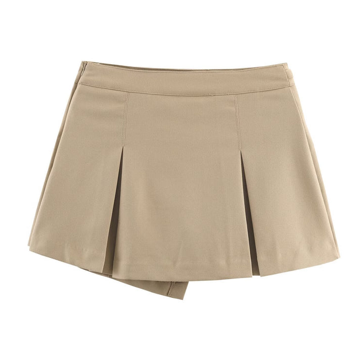Beige high-waisted belted cargo skort for women, a chic & trendy mini skirt alternative for casual summer style.