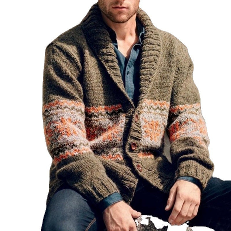 Comfortable men's high collar knitted jacket with a lively colorful pattern. Versatile casual wear for autumn & winter.