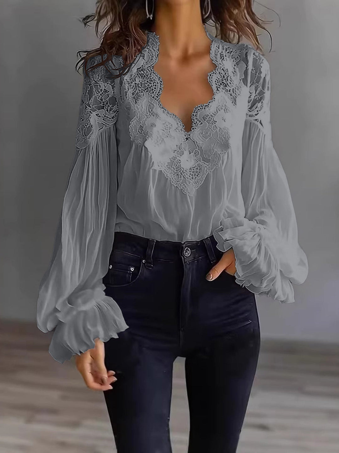 Women's versatile lace top, long sleeves with ruffles, offering an elegant & casual look for any season.