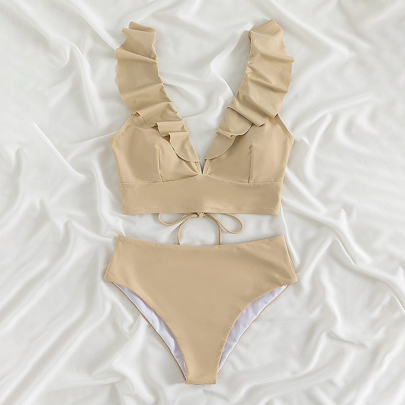 Front view of a women's ruffle V-neck bikini top, showcasing delicate ruffles and flattering cut.