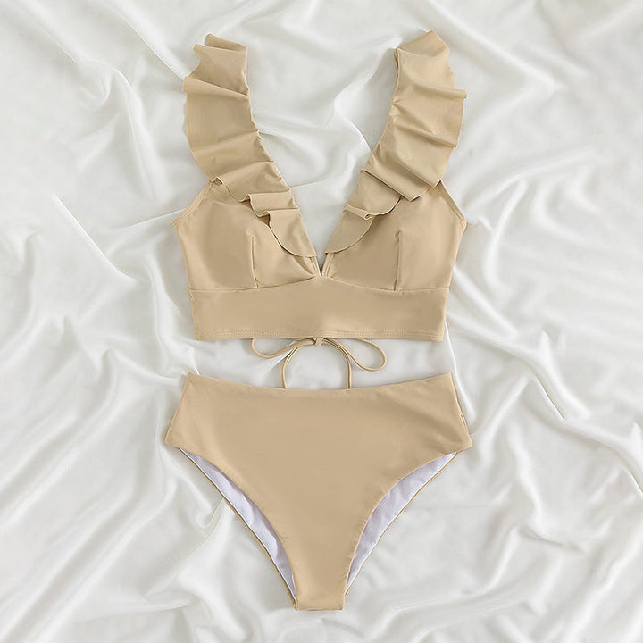 Front view of a women's ruffle V-neck bikini top, showcasing delicate ruffles and flattering cut.