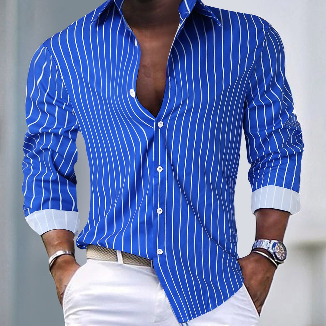 Men's slim-fit striped button-down shirt, perfect for modern style and business casual wear.