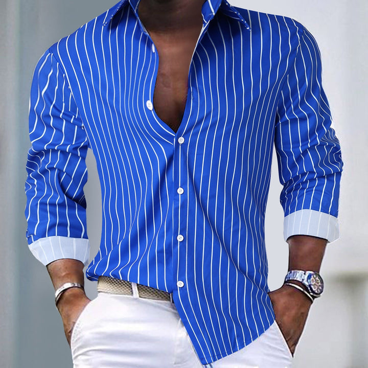 Men's slim-fit striped button-down shirt, perfect for modern style and business casual wear.