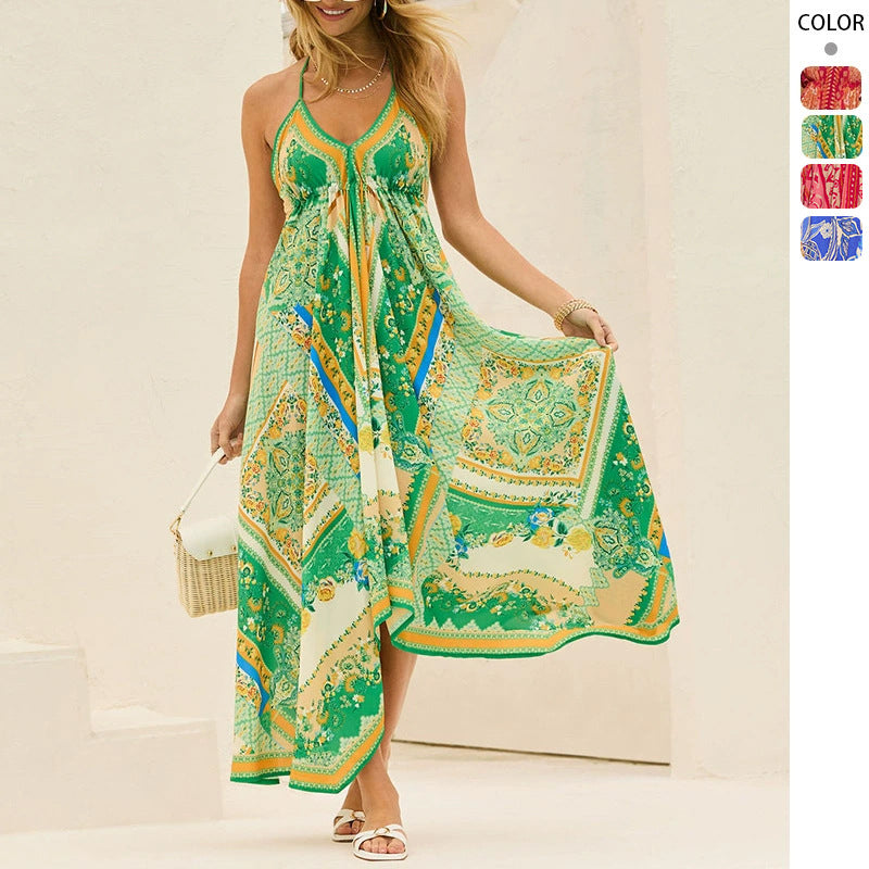 Women's floral halterneck maxi dress for summer. Flowy, elegant vacation wear, perfect beach or party dress.