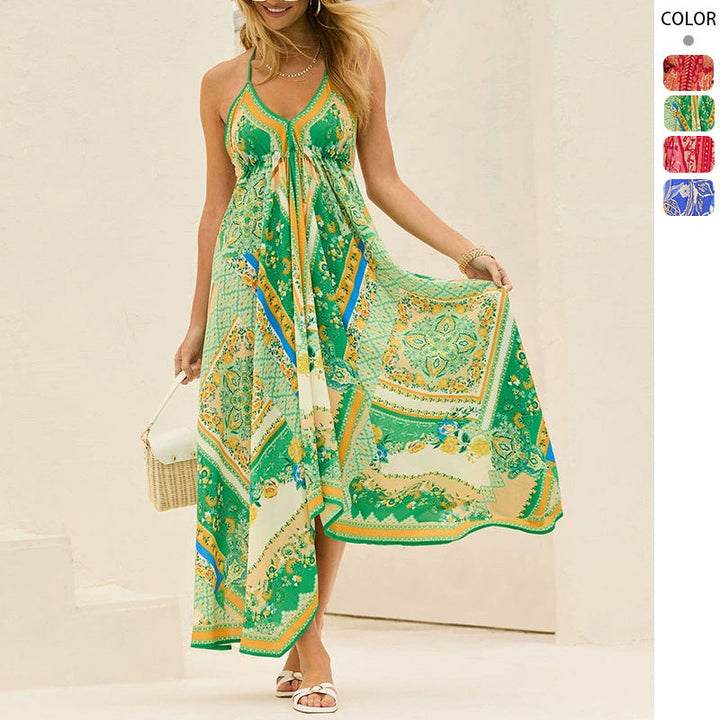 Women's floral halterneck maxi dress for summer. Flowy, elegant vacation wear, perfect beach or party dress.