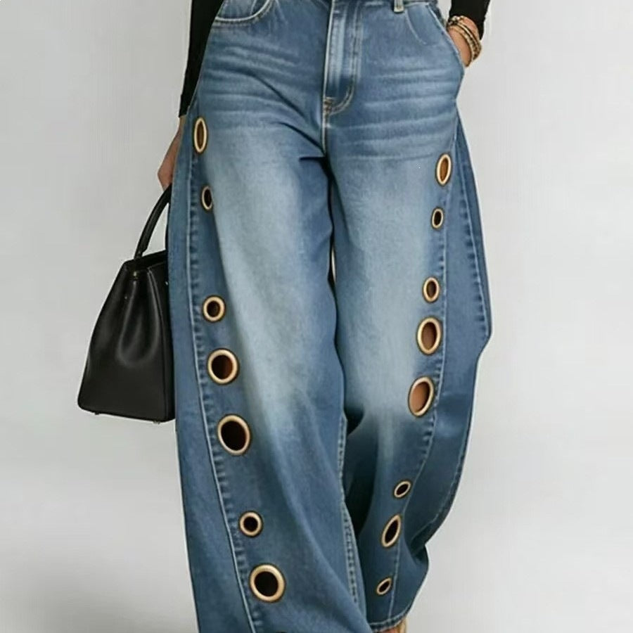 Trendy women's wide-leg jeans with a flattering high waist and fashionable eyelet details.