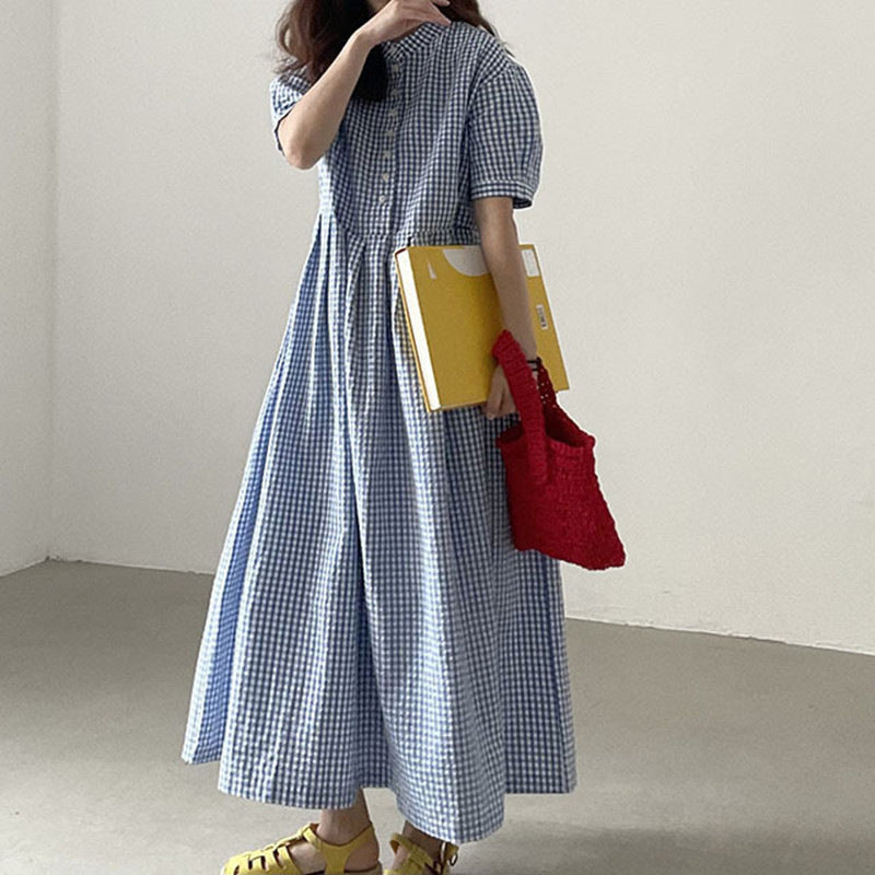 Stylish patterned checkered A-line dress for women, a comfortable and flattering casual summer choice.