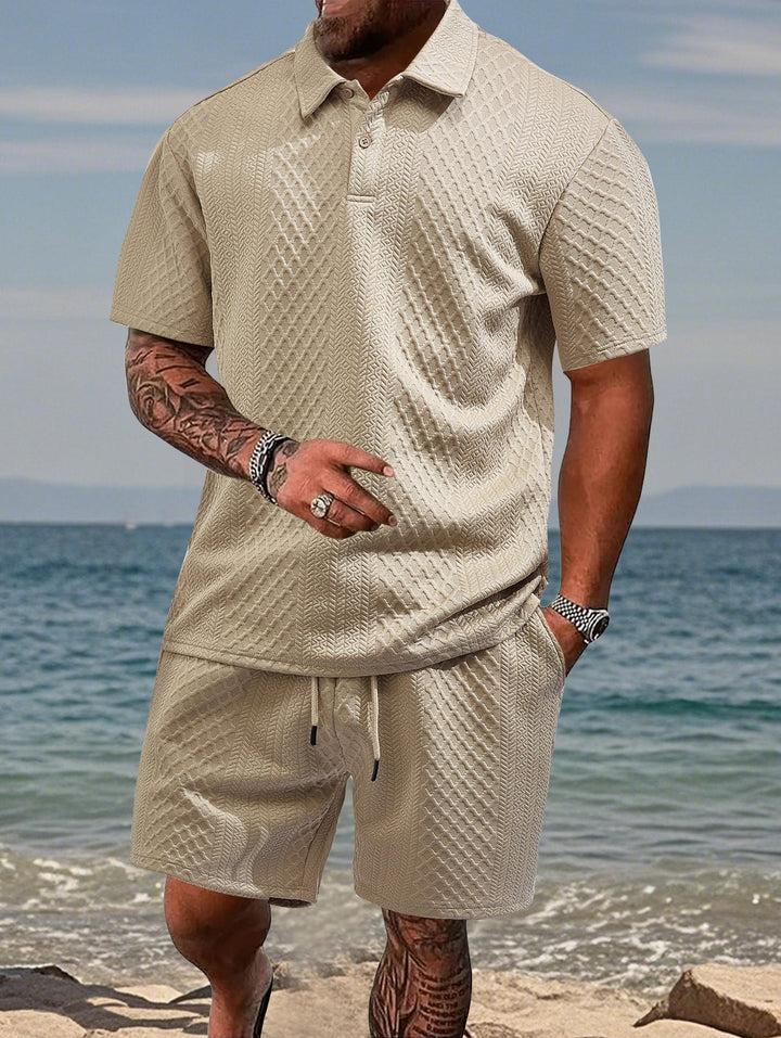 Lightweight men's casual polo and drawstring shorts set, perfect for summer sport & comfort.