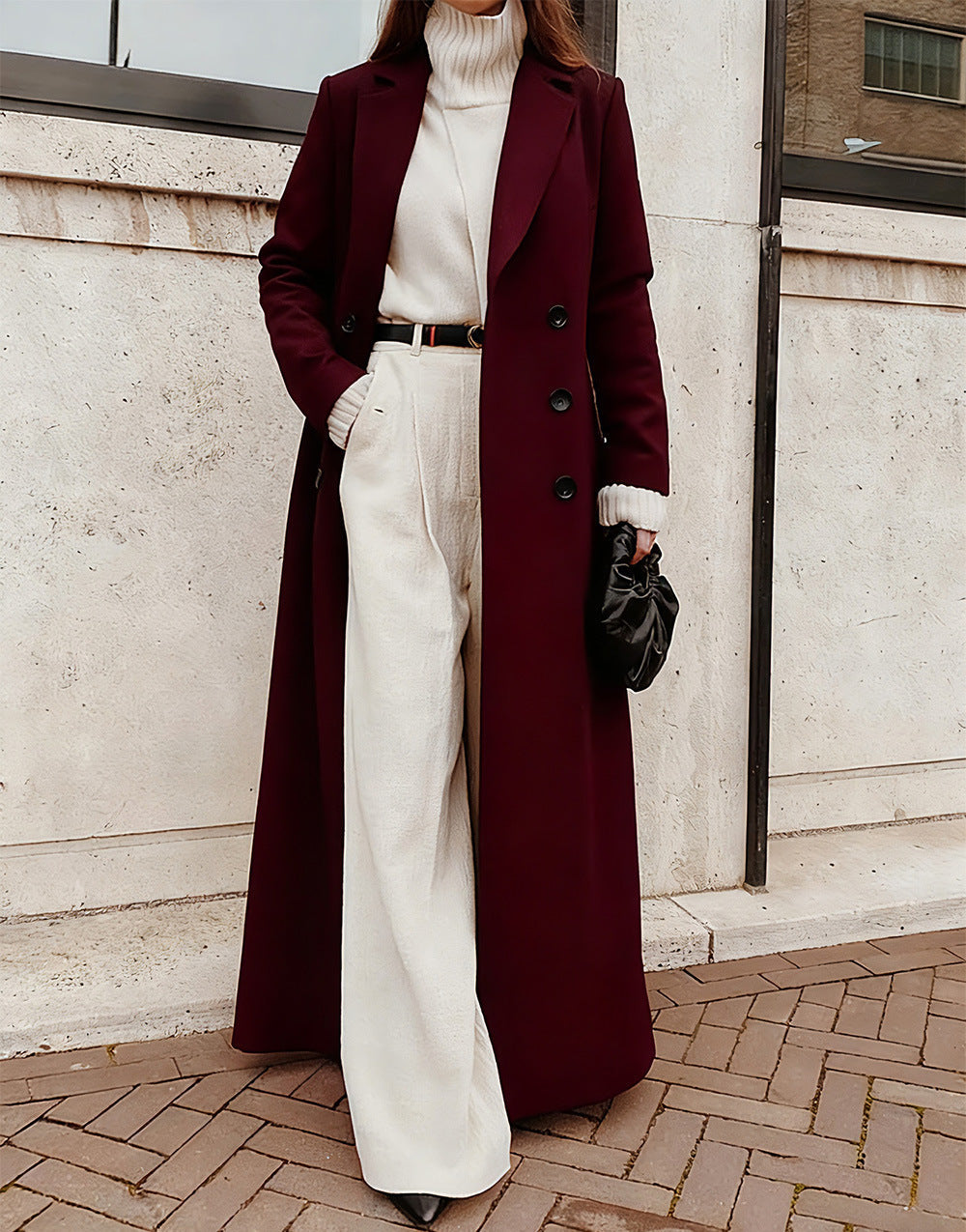 Elegant women's double-breasted coat, a classic long jacket with deep pockets for sophisticated style.