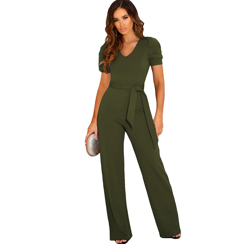 Comfortable and elegant women's jumpsuit with flowing puff sleeves, V-neck, and a cinched waist for style.