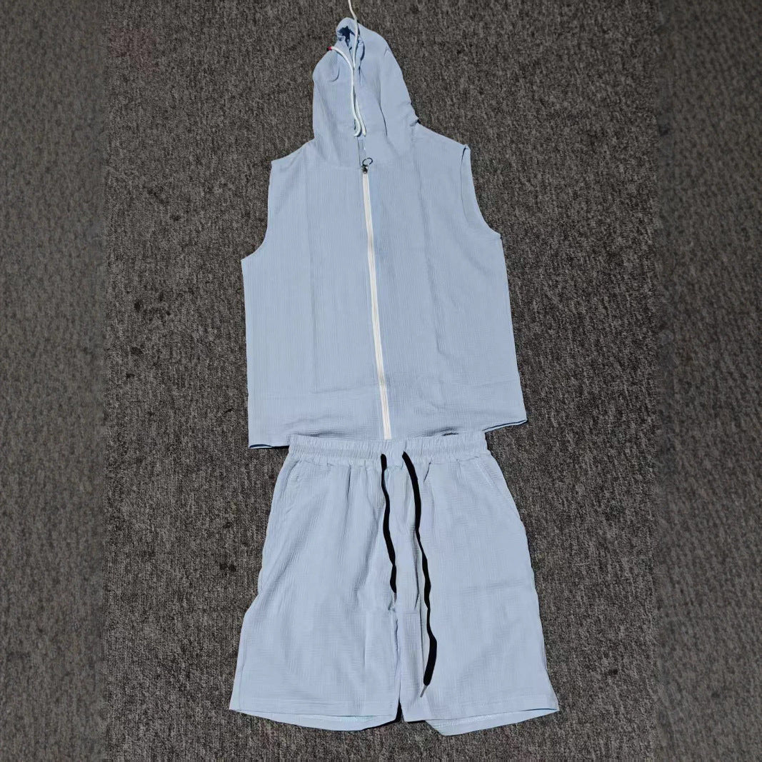 Sporty men's sleeveless zip-up hoodie & comfy shorts set. Great for casual summer outfits.