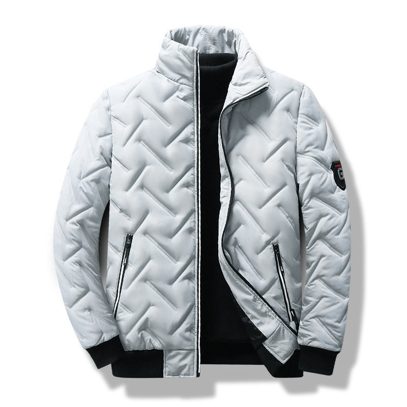 Men's stylish quilted jacket, modern slim fit design. Ideal fall/winter outerwear for warmth, featuring a stand collar.