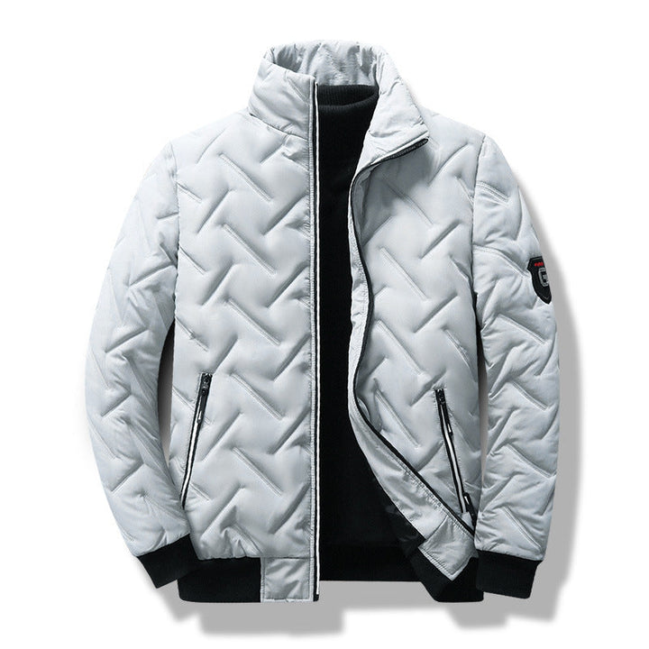 Men's stylish quilted jacket, modern slim fit design. Ideal fall/winter outerwear for warmth, featuring a stand collar.