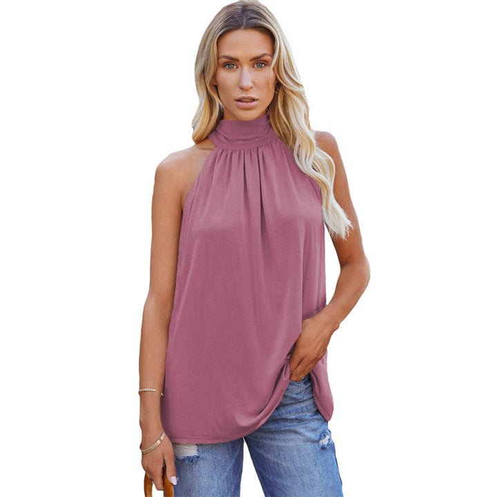 Modern women's sleeveless high-neck top for summer. Fluid fit & elegant, perfect for versatile fashion.