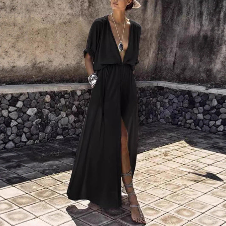 Chic V-neck long dress for women, featuring a flattering high slit for a sophisticated summer look.