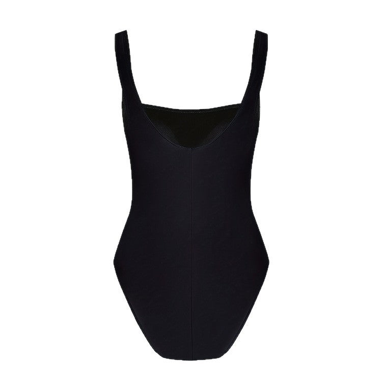 Flattering women's black monokini swimsuit with an elegant square neck design, essential summer resort wear.