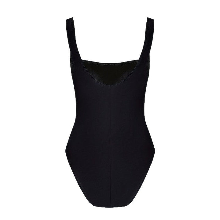 Flattering women's black monokini swimsuit with an elegant square neck design, essential summer resort wear.