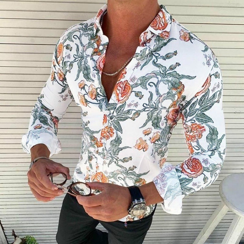 Comfortable long sleeve men's fashion shirt featuring a striking floral pattern. Modern casual menswear.