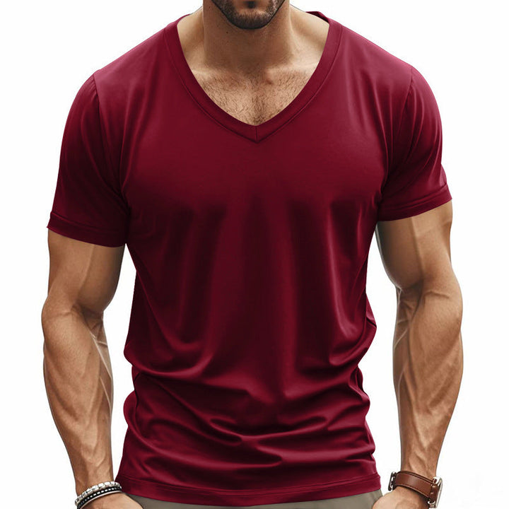 Stylish men's V-neck performance tee with a modern slim fit, perfect for contemporary athletic wear.