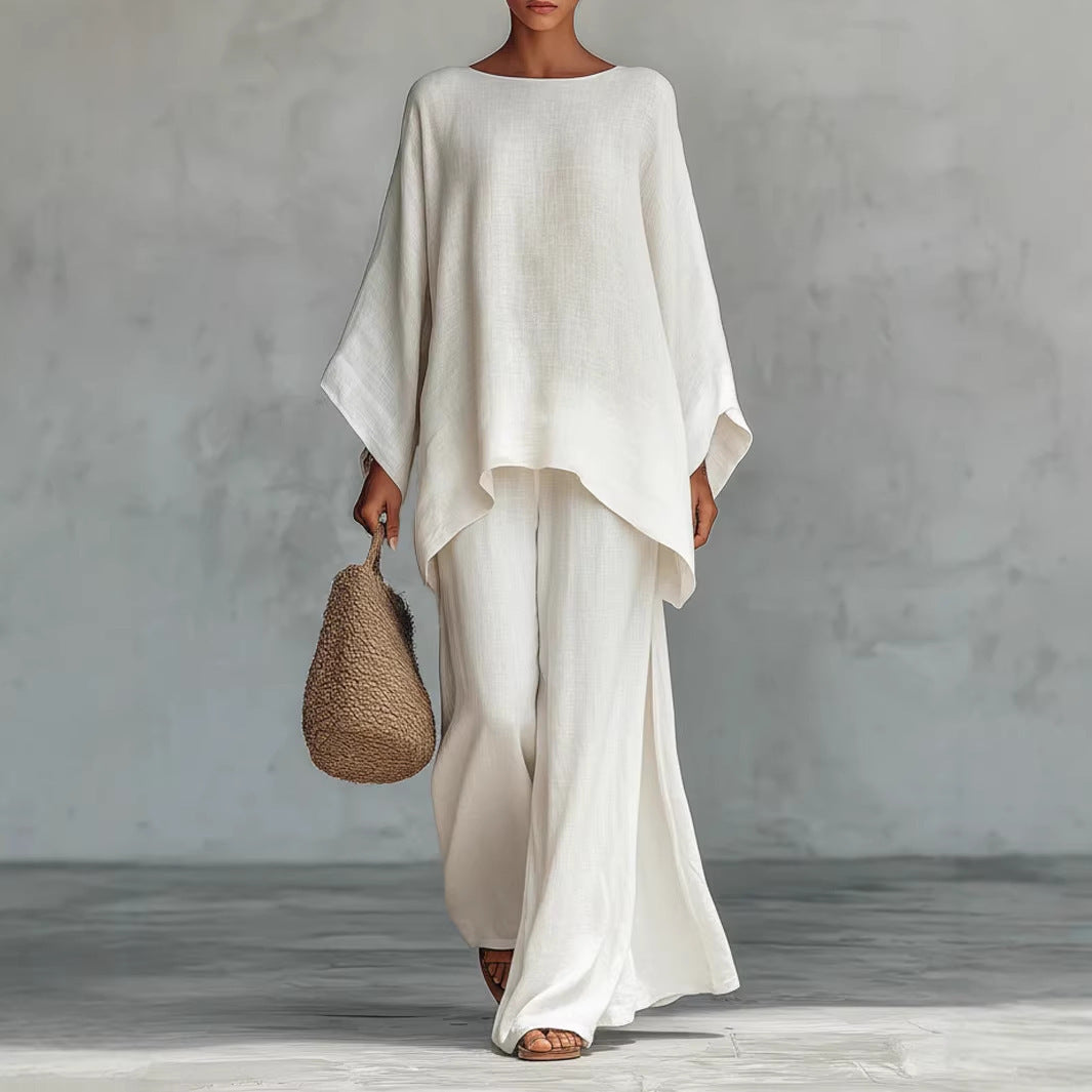 Women's loose fit airy soft two-piece set with wide leg pants, perfect for spring/summer casual comfort.
