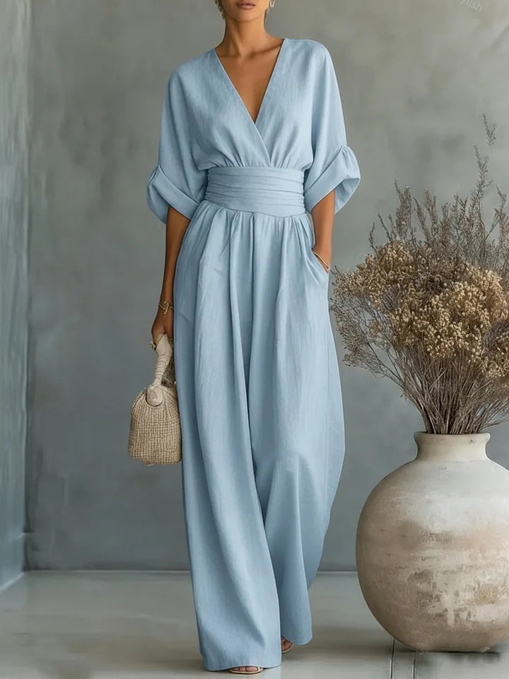 Versatile women's V-neck jumpsuit, designed for both office elegance and relaxed weekend wear.