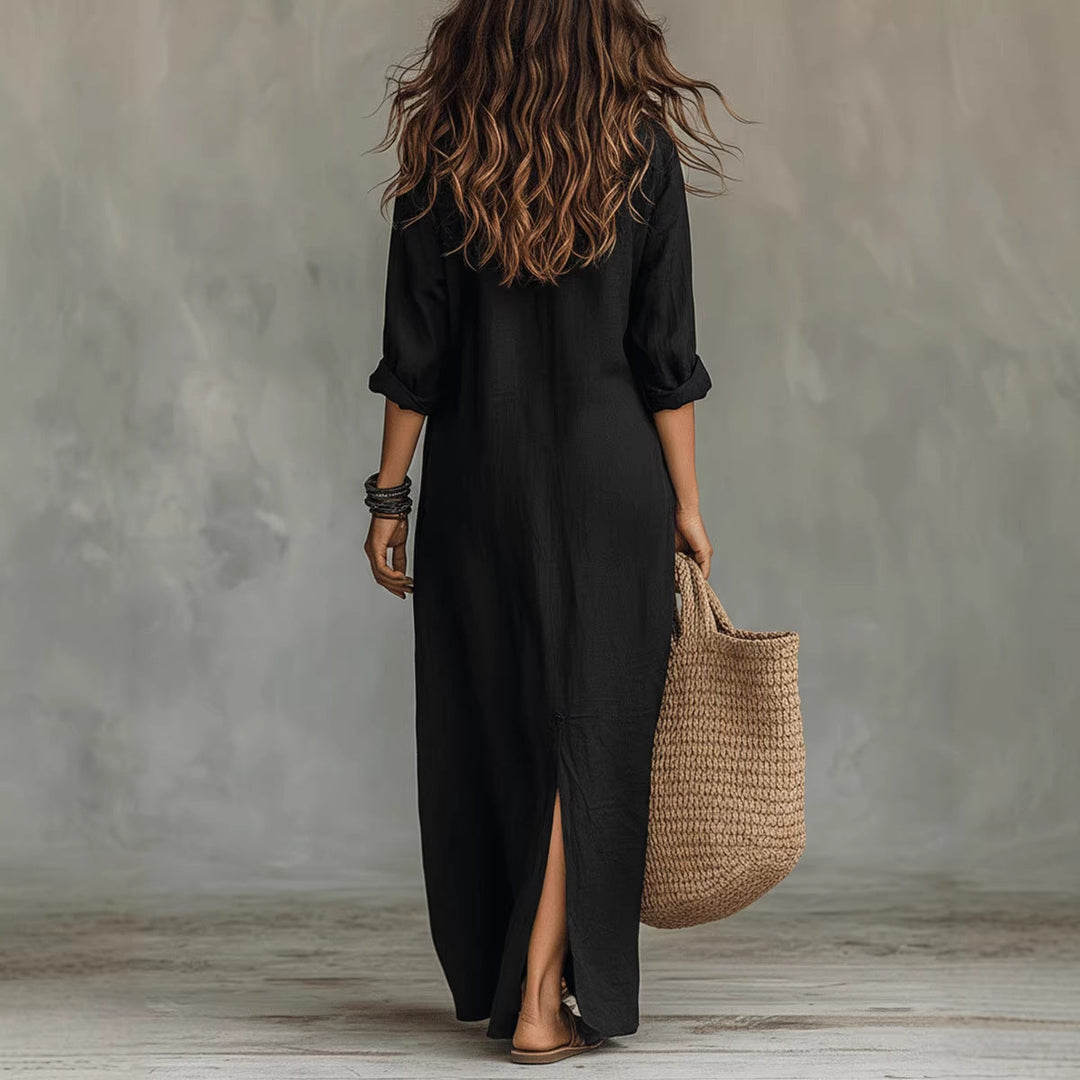 Elegant women's maxi shirt dress, button-down and flowy with a side slit. Ideal for casual or chic spring outfits.