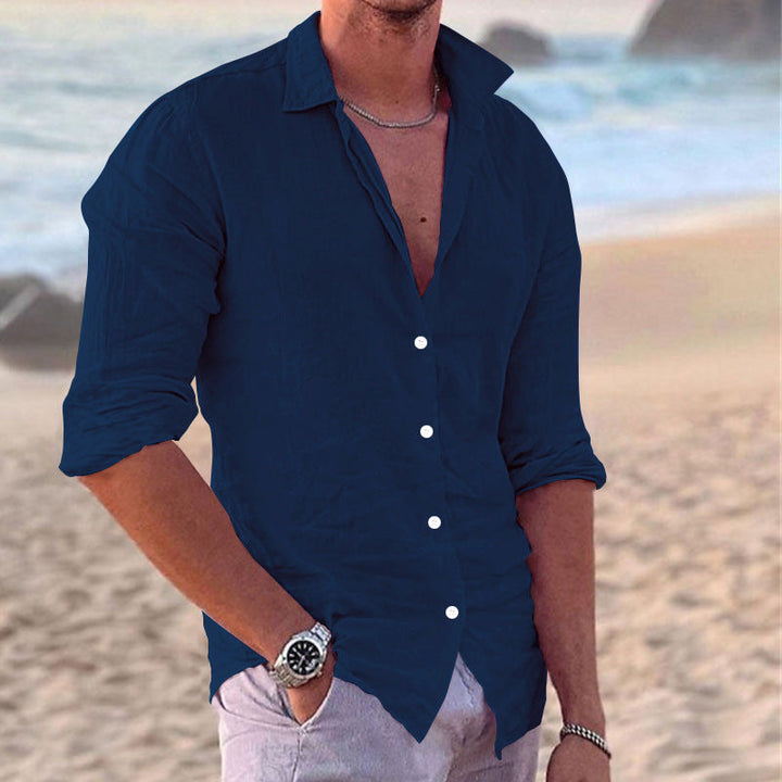 Relaxed fit men's button-down shirt. Smart casual summer fashion for beach style & everyday comfort.