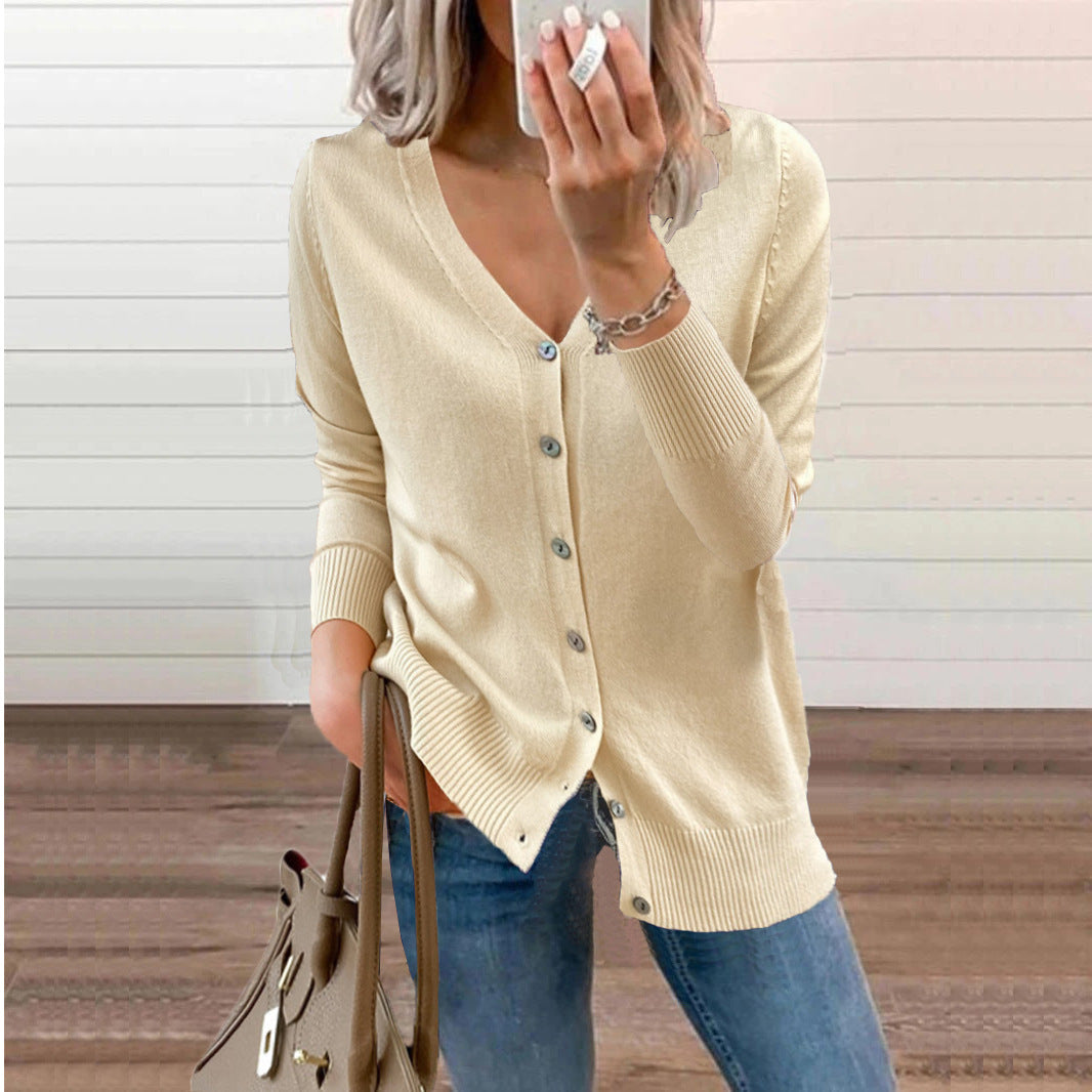 Stylish women's long-sleeve V-neck button-front cardigan, ideal fall/winter elegant knitwear.