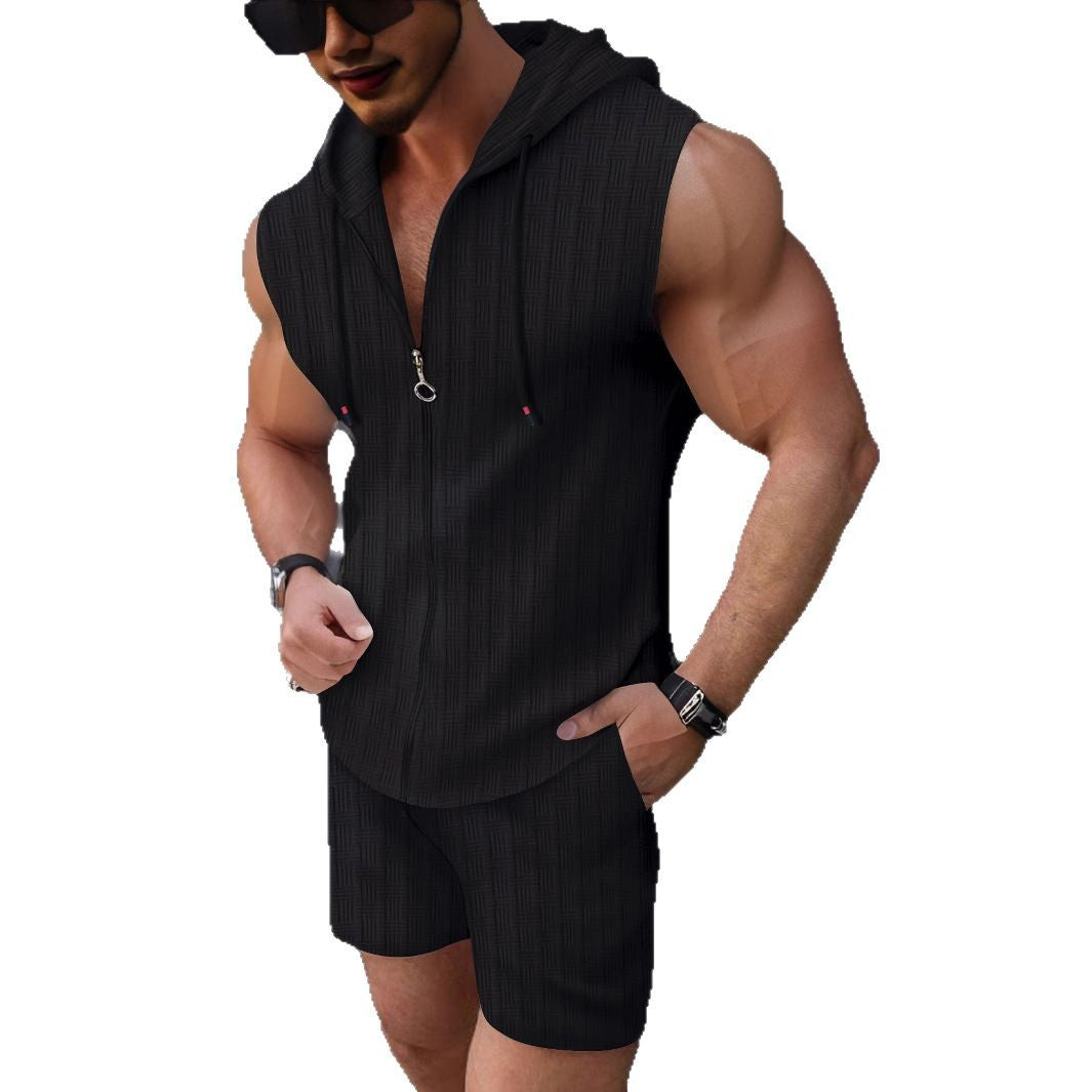 Loungewear men's sleeveless hoodie & shorts set. Casual, zip-up, and comfy for home or gym.