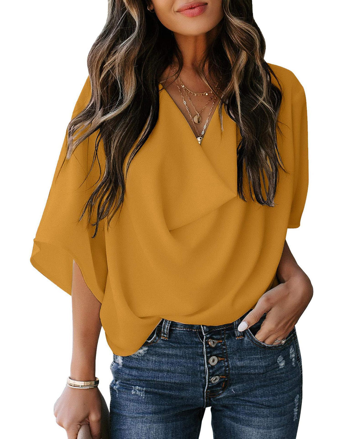 Chic women's draped V-neck top, comfortable loose sleeves, versatile for modern office wear & casual outfits.
