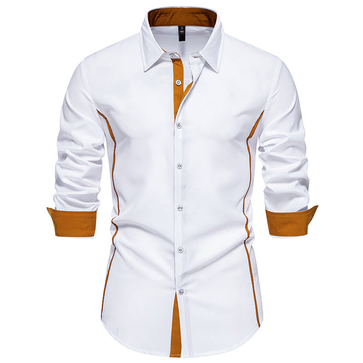 Button-up men's long sleeve shirt for everyday wear, featuring distinct contrast stitch details.