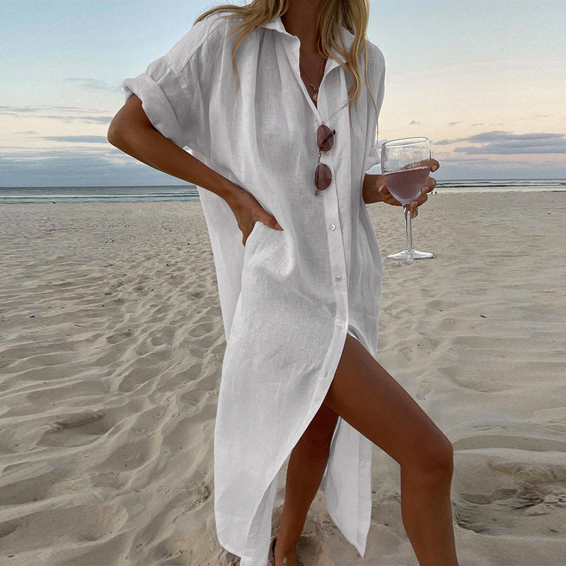 Women's casual chic shirt dress. Relaxed button-up design, perfect for summer everyday wear & versatile style.