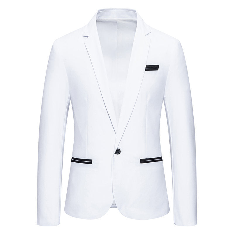 Smart casual men's fashion blazer with sleek contrasting lapels, perfect for a refined, modern look.