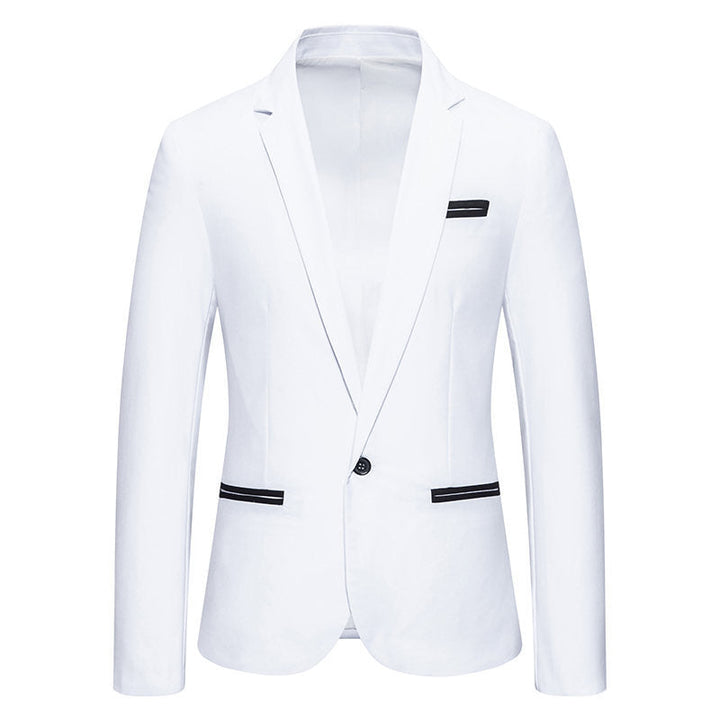 Smart casual men's fashion blazer with sleek contrasting lapels, perfect for a refined, modern look.