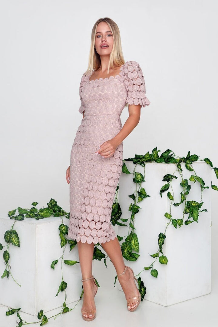 Elegant women's off-shoulder midi dress with short sleeves, fitted for sophisticated evening events.