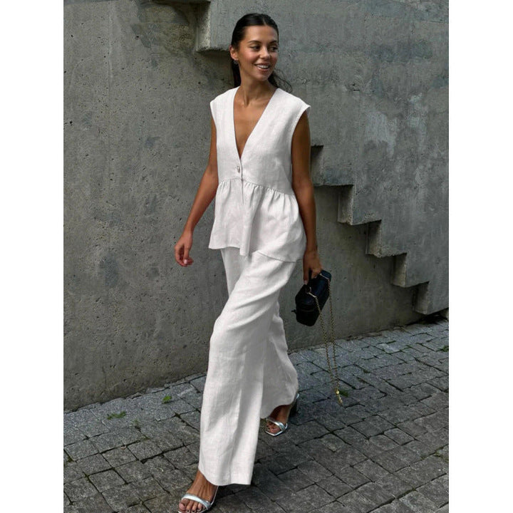 Women's V-neck top and wide-leg pants matching set, perfect for casual summer style.