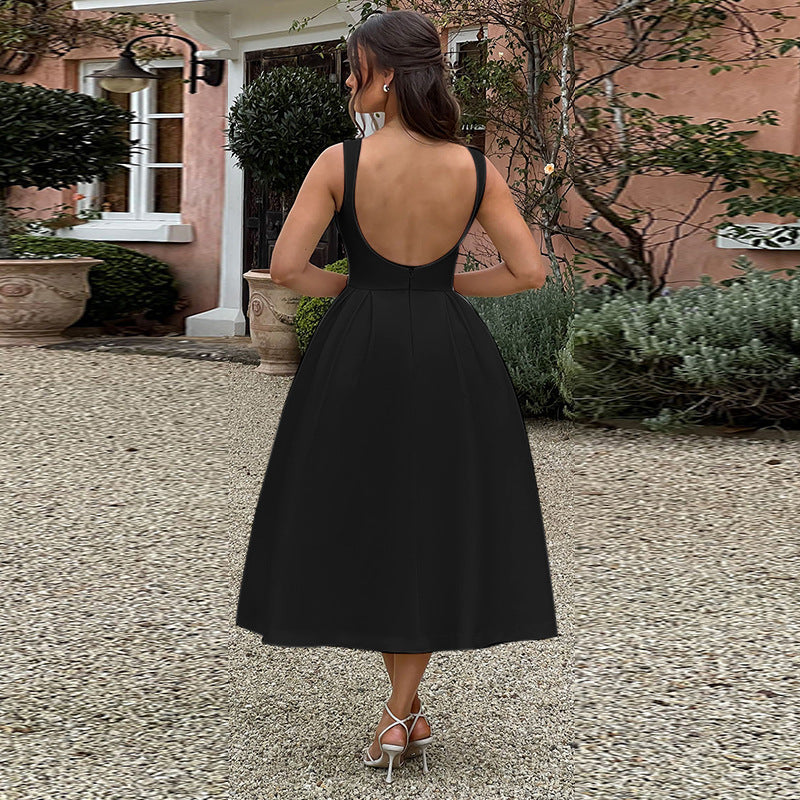 Classic blue A-line midi dress for women, ideal for elegant occasions. Feminine & chic design.