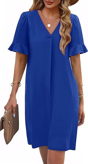 Vibrant floral pattern V-neck summer dress for women, great for casual outings and easy care.