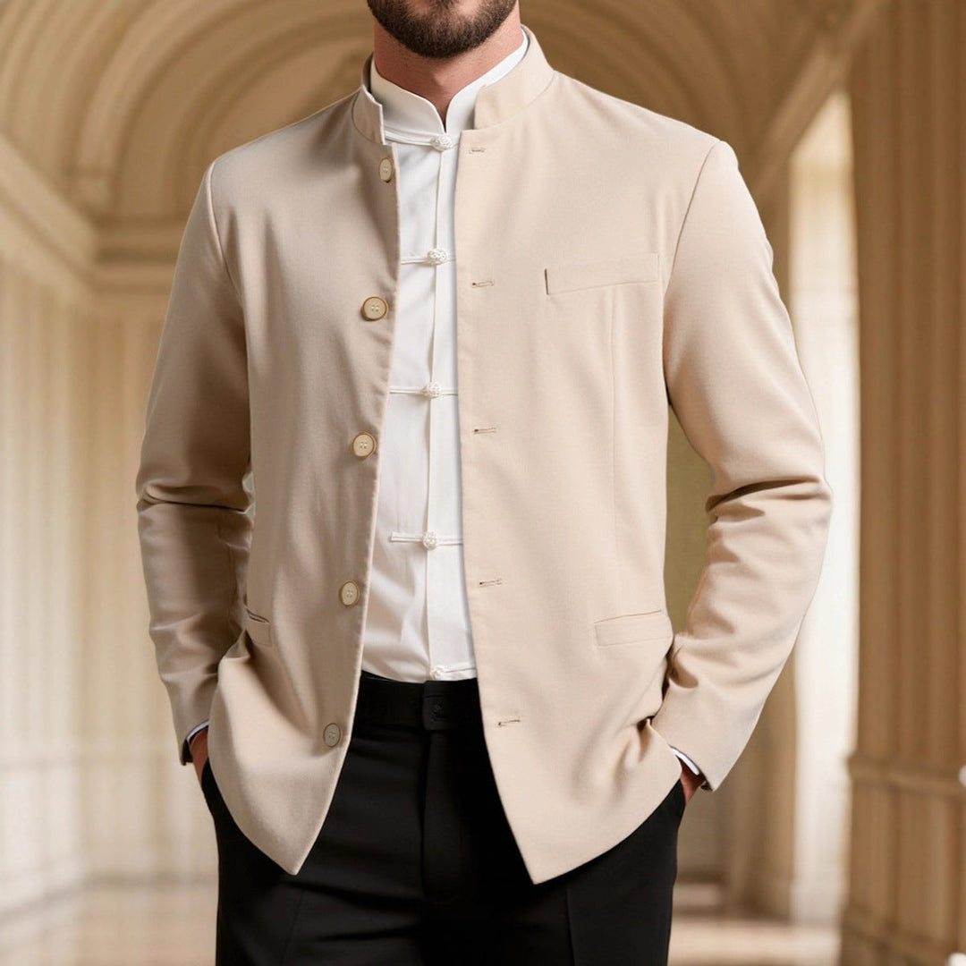 Elegant men's high collar suit jacket. Modern tailored blazer for a sharp business casual or special occasion look.