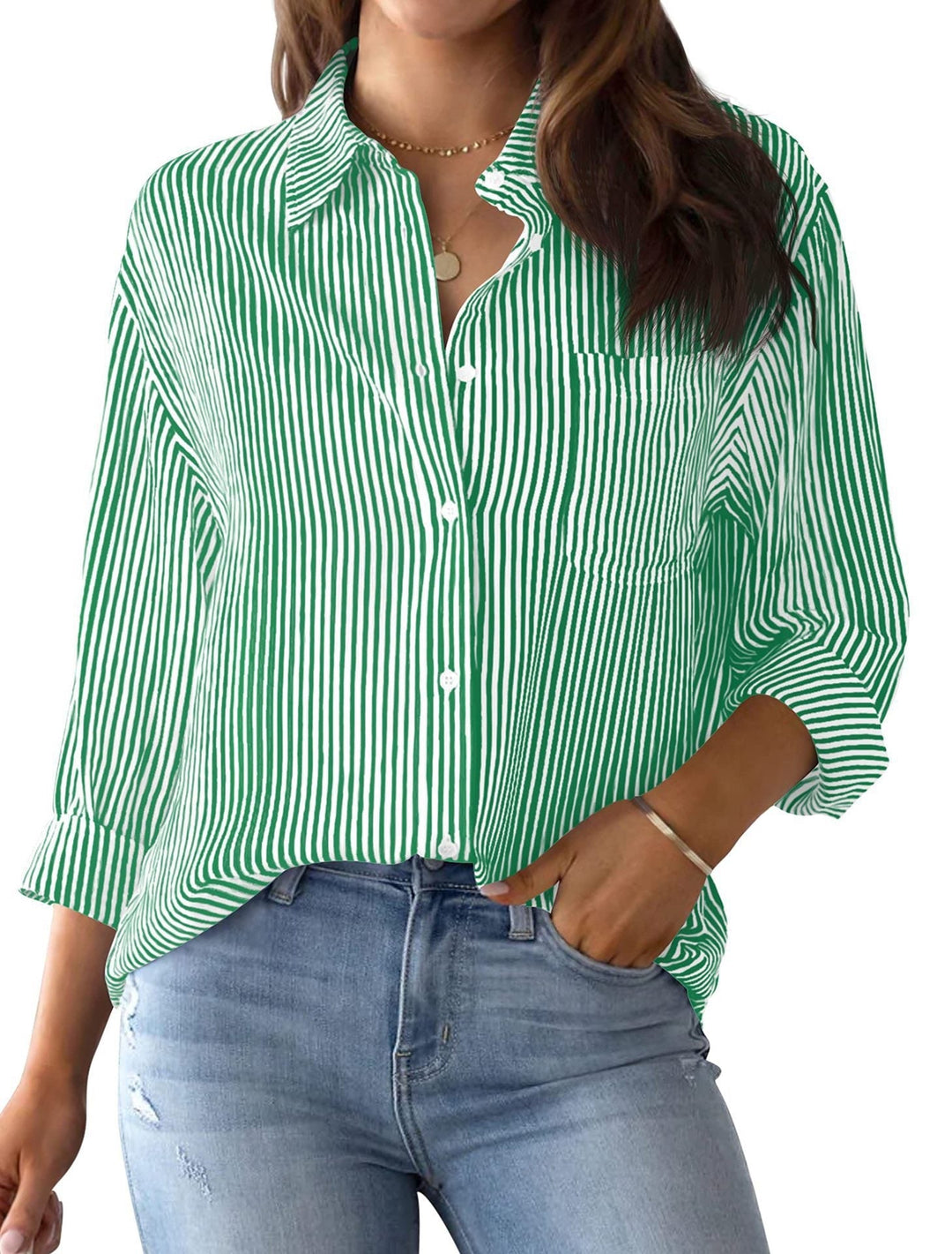 Comfortable women's striped top, loose fit, great for everyday wear and layering.