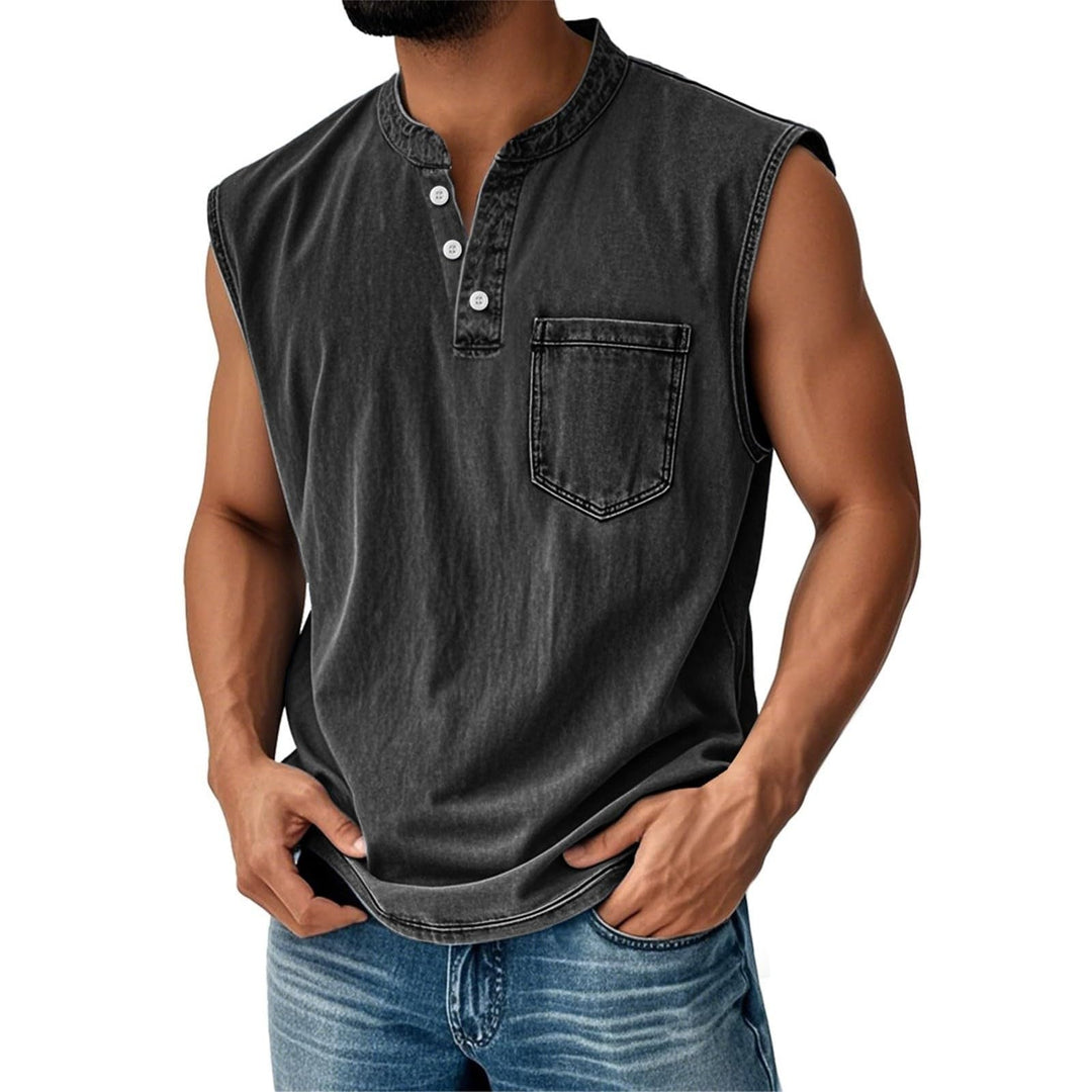Lightweight men's sleeveless shirt with button placket & chest pocket. Essential casual summer top.