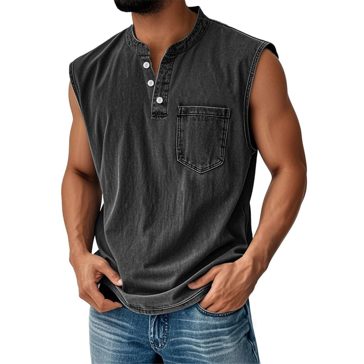 Lightweight men's sleeveless shirt with button placket & chest pocket. Essential casual summer top.