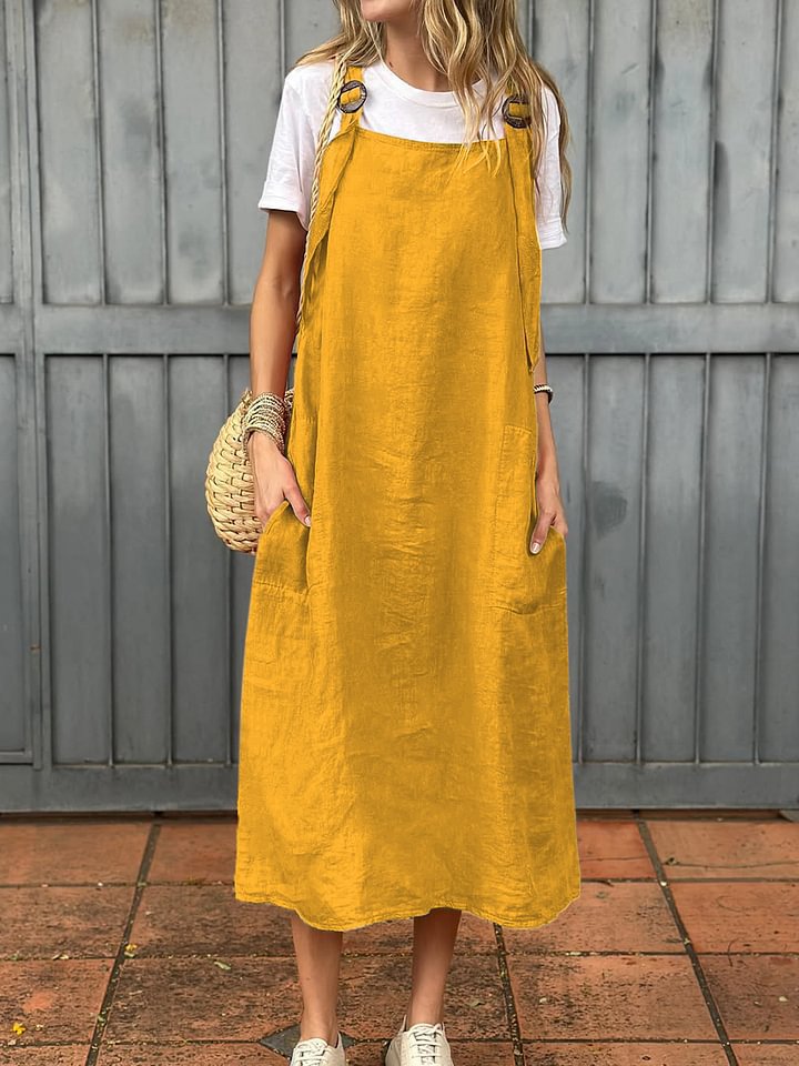 Women's everyday summer dress, A-line silhouette, with adjustable spaghetti straps & pockets.