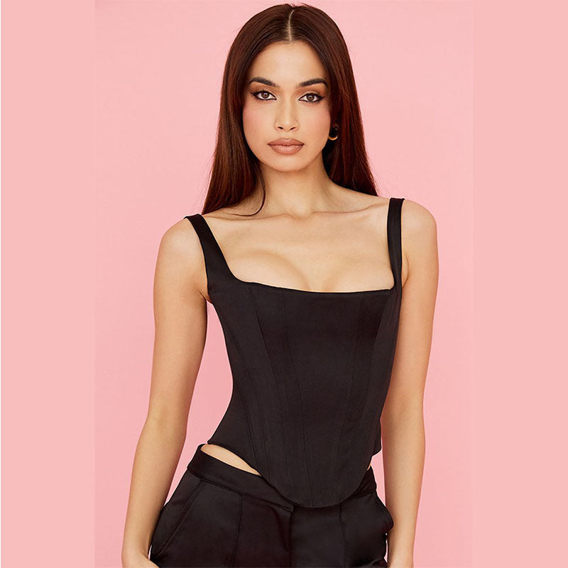 Stylish women's longline corset top, black elegant bustier for a perfect formal silhouette.