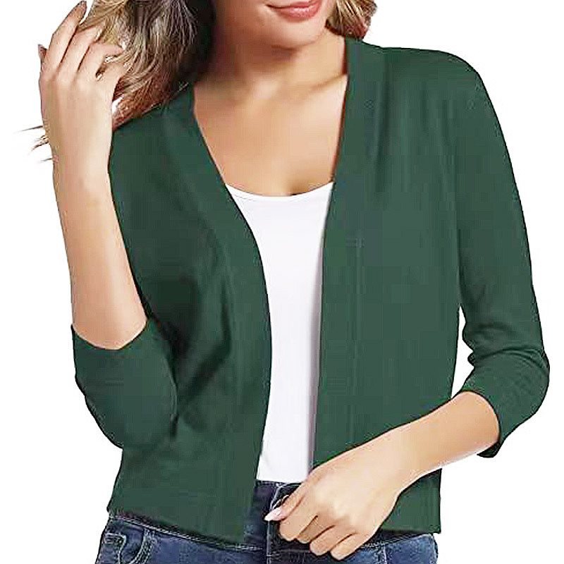 All-season women's open-front cardigan with 3/4 sleeves, a comfort fit layering piece.
