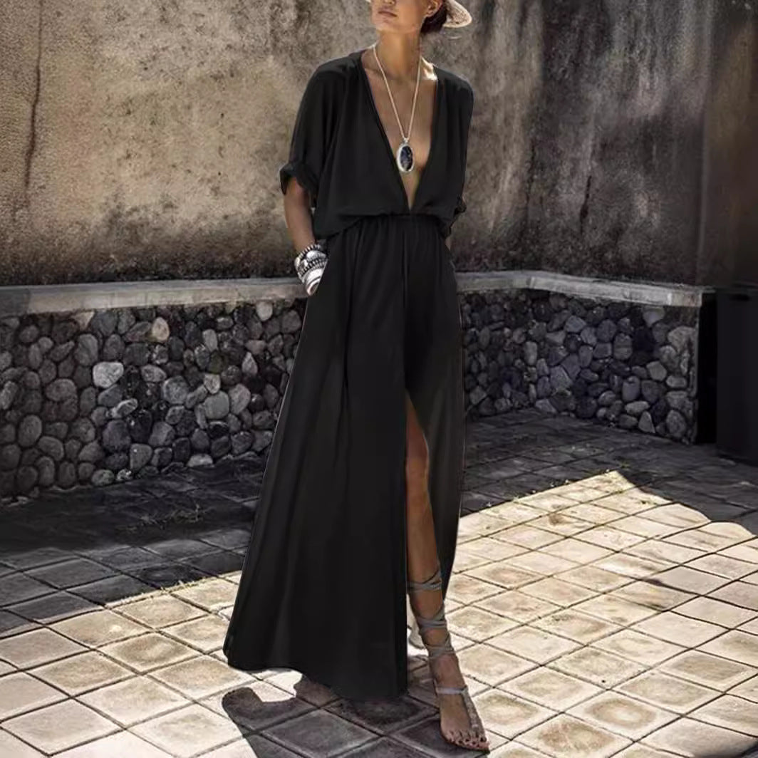 Summer elegant V-neck maxi dress with high slit, perfect for women's beach holidays or evening events.