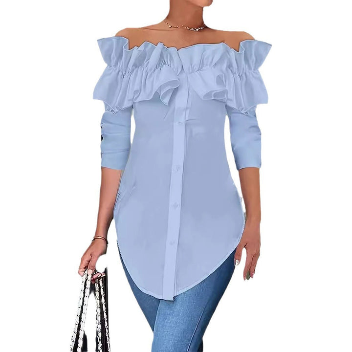 Stylish women's off-shoulder ruffle blouse with button placket, a chic and elegant top for any occasion.